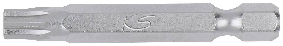 Silberner Metall-Bit mit Torx-Kopf und graviertem Logo, verwendet als Werkzeugaufsatz für Schrauben.