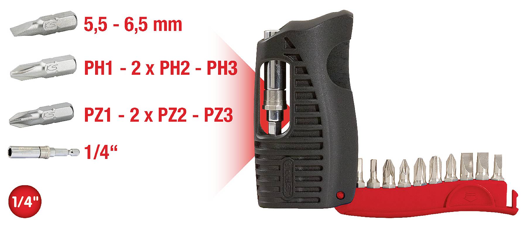 Schraubendreher-Set mit ergonomischem Griff, Steckaufsätzen für verschiedene Schraubengrößen und praktischer Aufbewahrungshalterung.