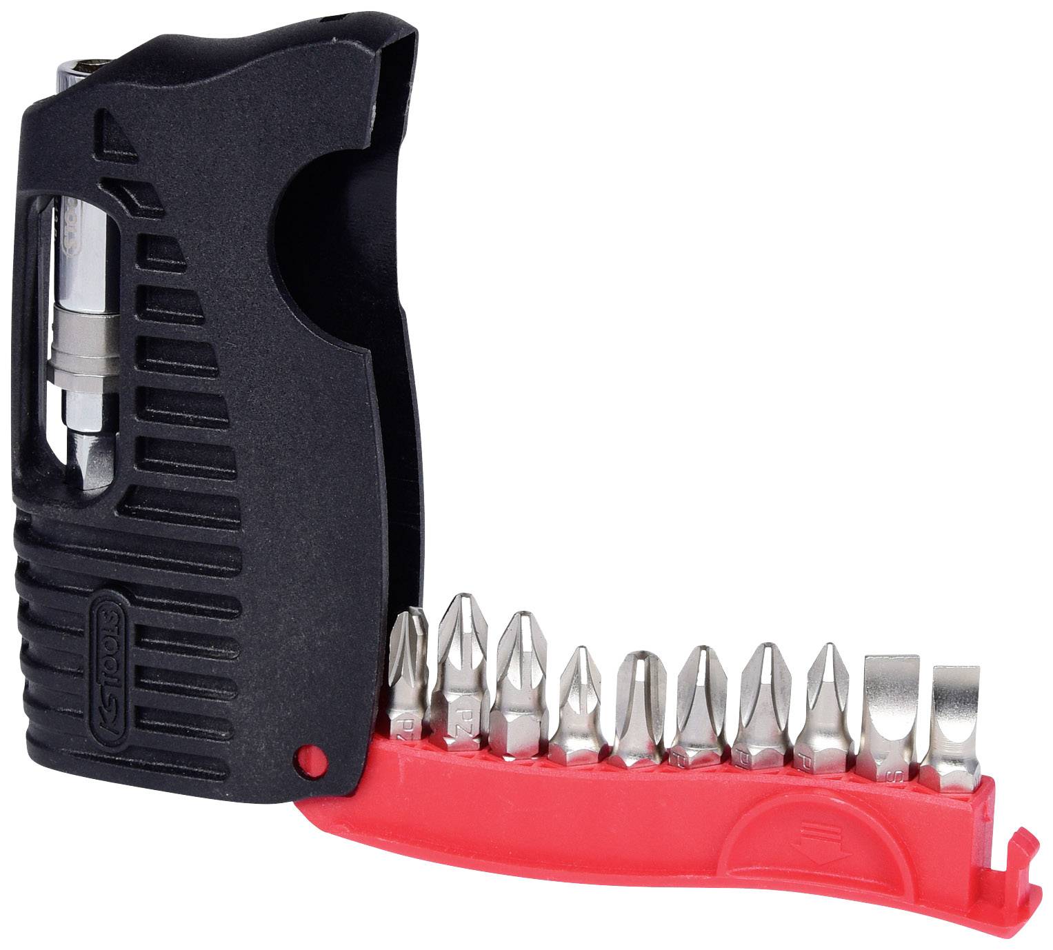 Schwarzer Schraubendreher mit rotem Bit-Set, zehn verschiedene Bits, kompakt und handlich für vielseitige Schraubarbeiten.