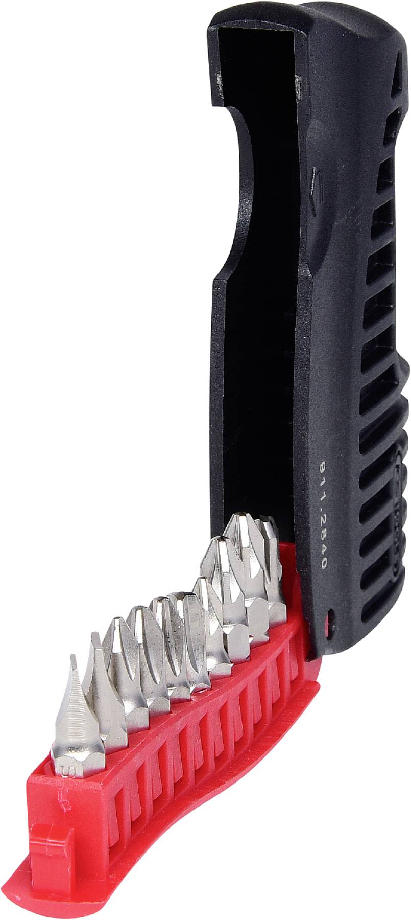 Ein Satz Schraubendreher-Bits in einem offenen Halter mit rotem Boden und schwarzem Deckel.