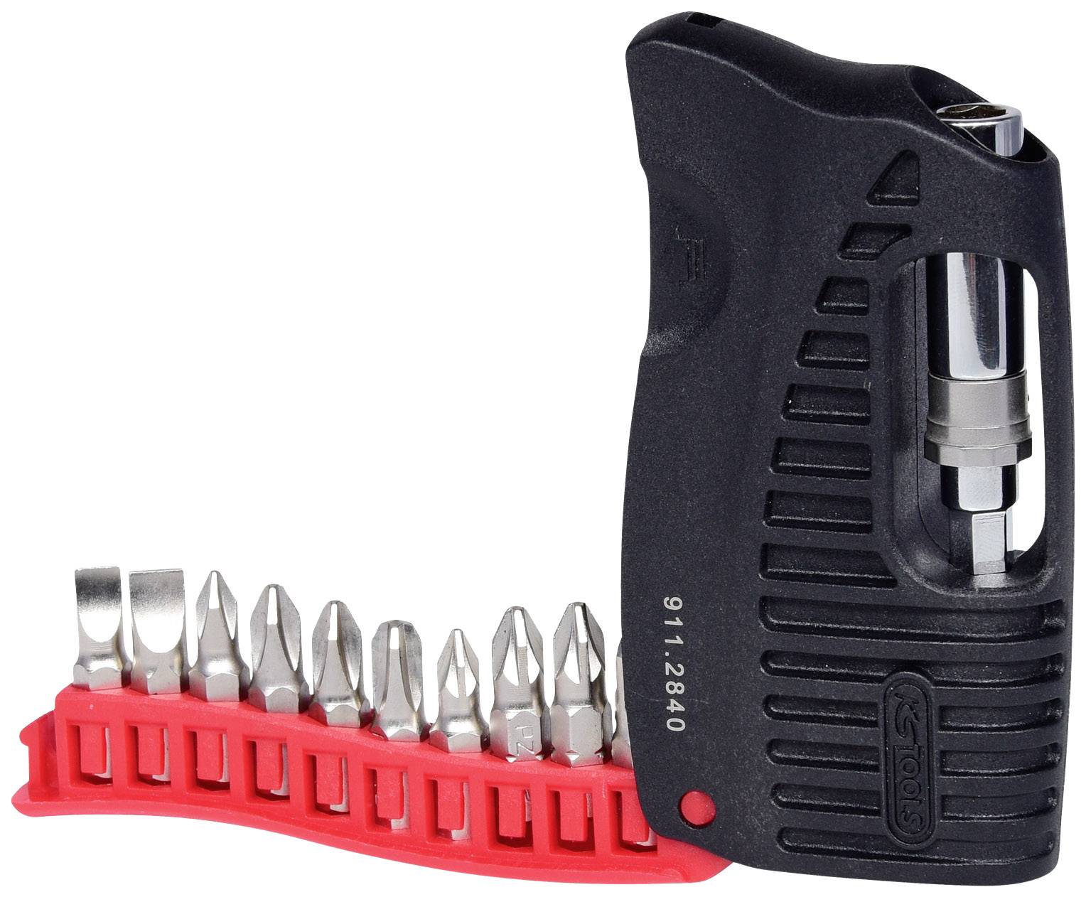 Ein kompaktes Schraubendreher-Set mit schwarzem Griff und mehreren austauschbaren Bits in verschiedenen Formen auf rotem Halter.