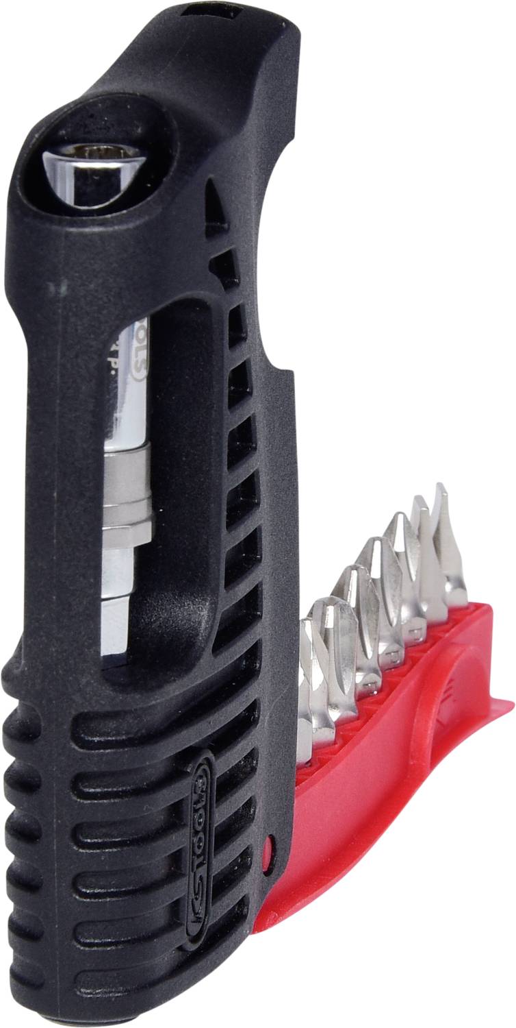 Ein Mehrzweckwerkzeug mit schwarzem Griff und eingesetzten Schraubendrehern in verschiedenen Größen auf rotem Halter.