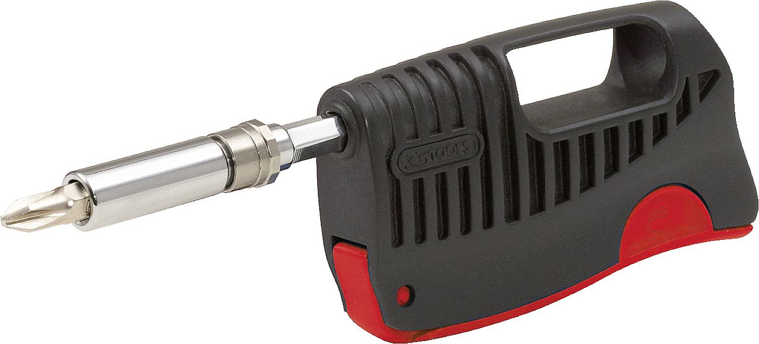 Elektrischer Schraubendreher mit ergonomischem Griff und abnehmbarem Schraubenkopf. Design in Schwarz und Rot.