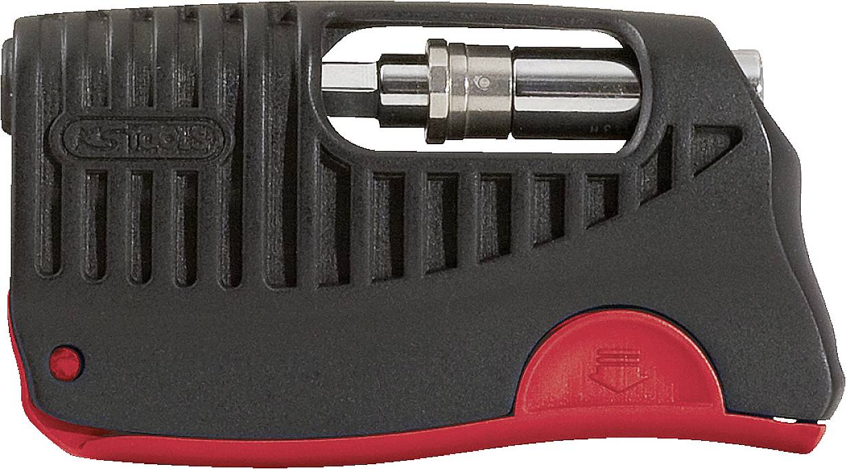 Ein schwarzer Rohrabschneider mit rotem Griff und freiliegender Klinge, verwendet zum präzisen Schneiden von Rohrleitungen.