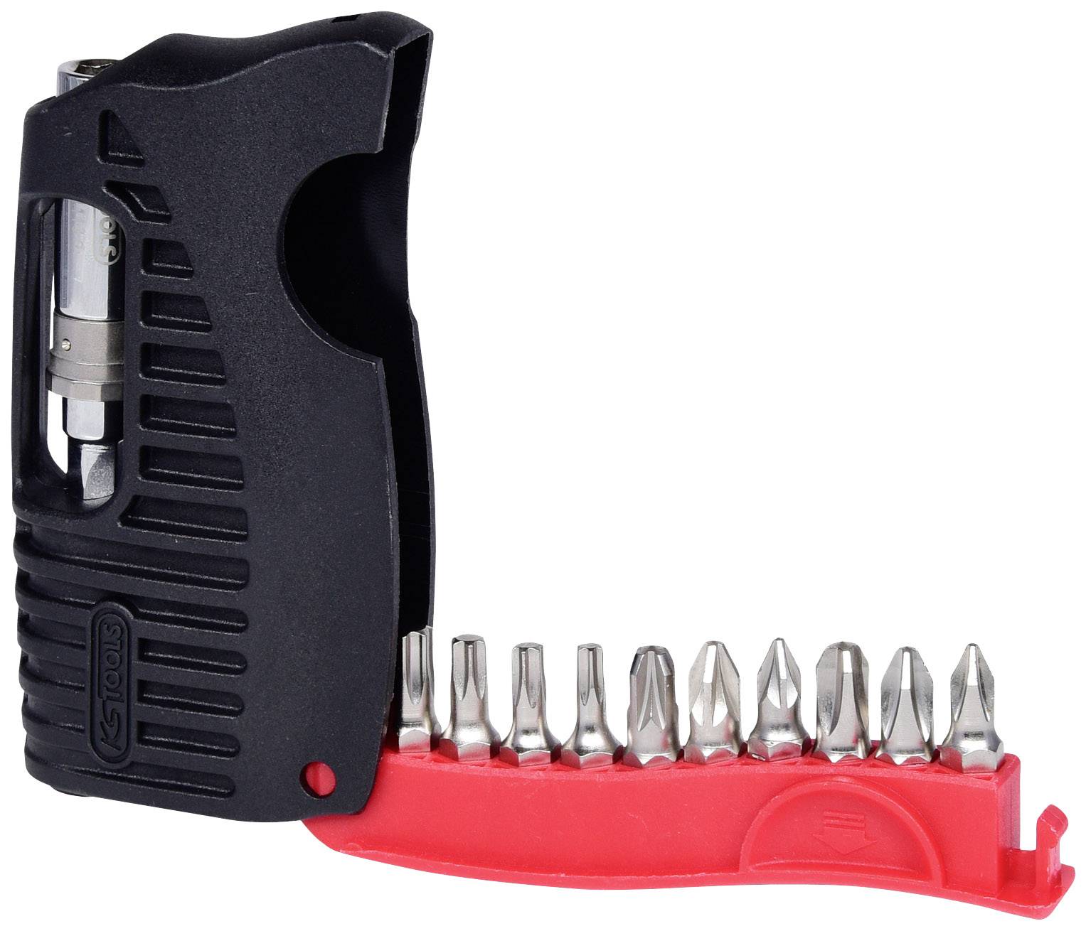 Schwarzer Schraubendrehergriff mit integrierten Bits, roten Bit-Halter mit verschiedenen Bitgrößen darunter.