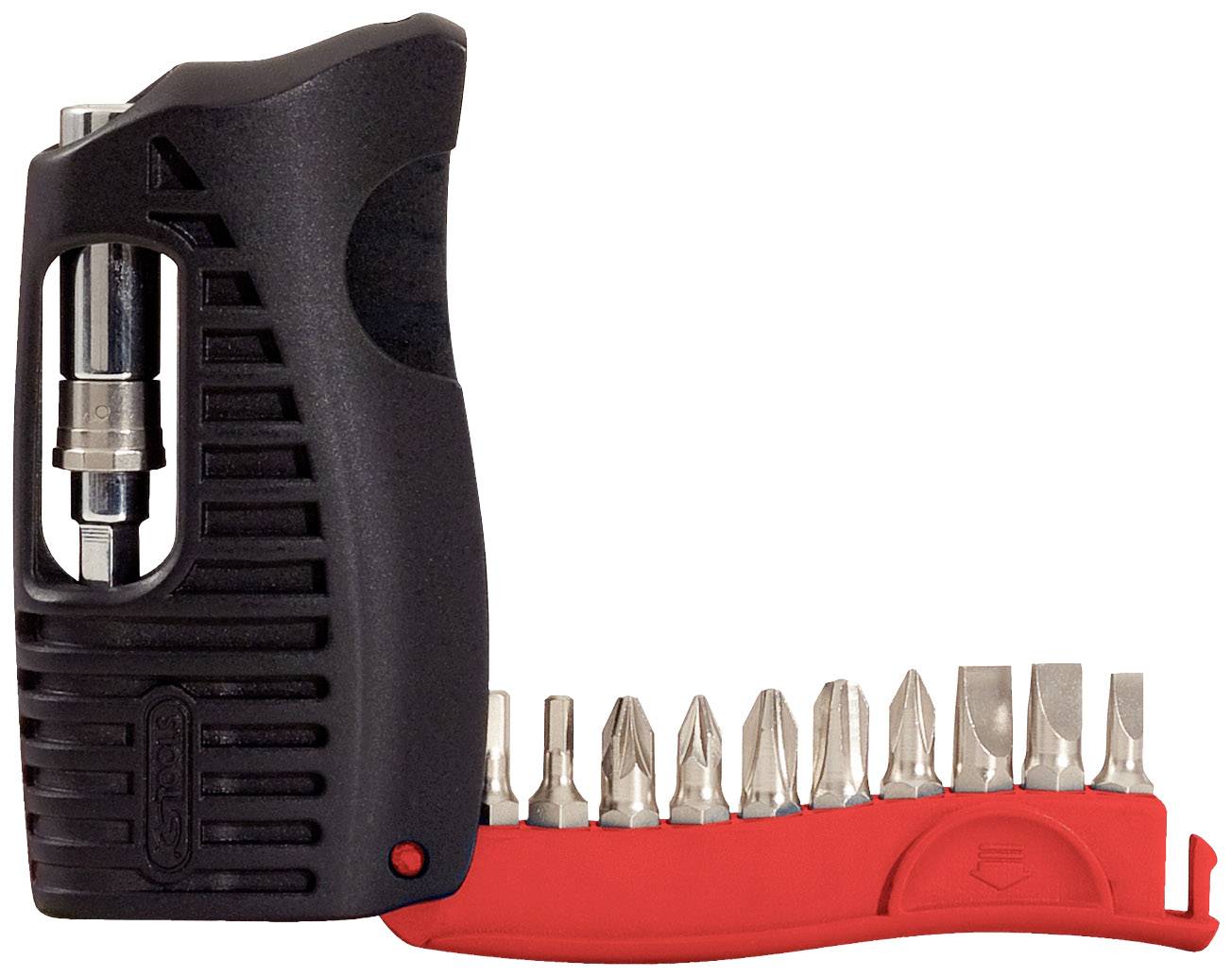 Ein kompakter Schraubendreher mit mehreren austauschbaren Bits, darunter Kreuz- und Schlitzschraubendreherköpfe, umgeben von einem roten Halter.