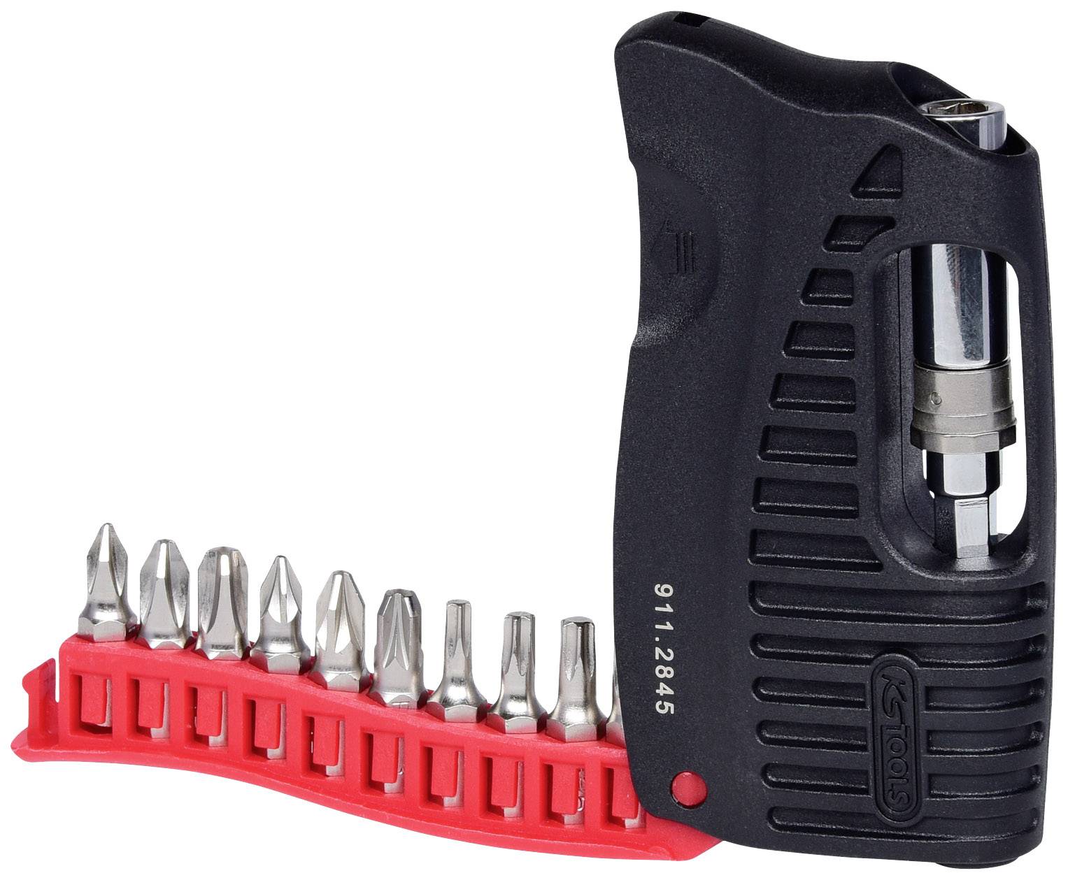 Handschraubendreher-Set mit schwarzen Griff und rotem Einsatz für Bits. Enthält verschiedene Schraubendreher-Bits.