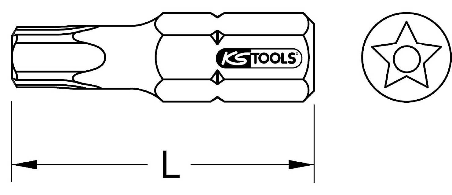 Torx Bit von KS Tools mit Sternform an der Spitze und der Länge L; geeignet für spezielle Schraubverbindungen.