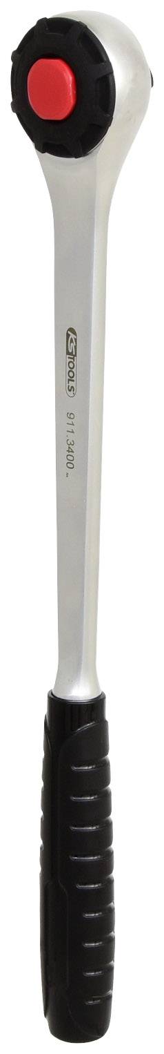 Silberne Ratsche mit schwarzem Griff und rotem Knopf oben. Wird als Werkzeug zum Anziehen oder Lösen von Schrauben verwendet.