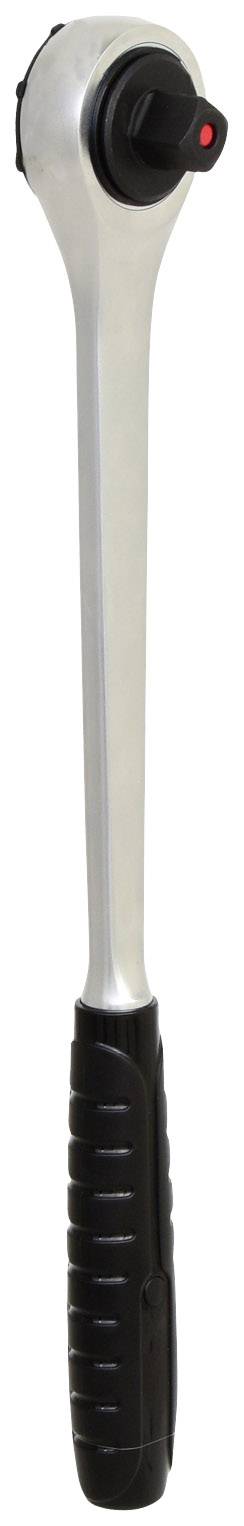 Eine silberne Ratsche mit schwarzem Griff und einem roten Punkt am Kopf, verwendet zum Festziehen oder Lösen von Schrauben oder Muttern.