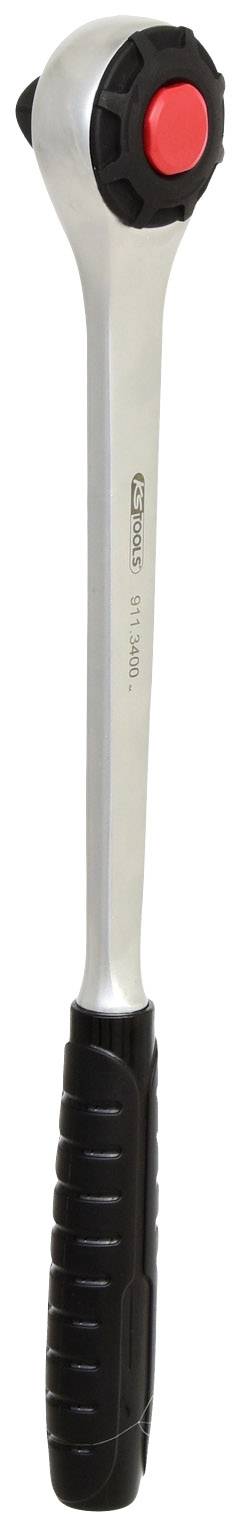 Silberne Ratsche mit schwarzem Griff und rotem Knopf.