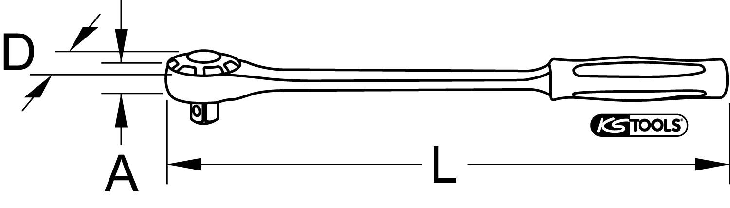 Zeichnung eines Knarrenschlüssels mit markierten Dimensionen: Länge (L), Kopfdurchmesser (D) und Antriebsquadrat (A).