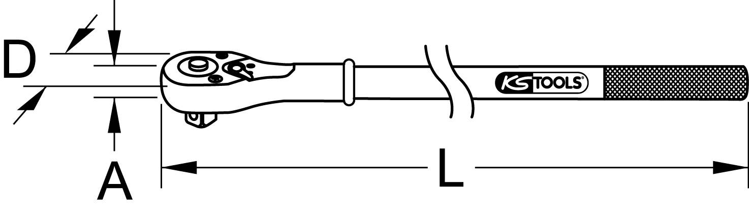 Illustration eines Drehmomentschlüssels von KS Tools mit Beschriftungen für Länge (L) und Kopfdurchmesser (D).