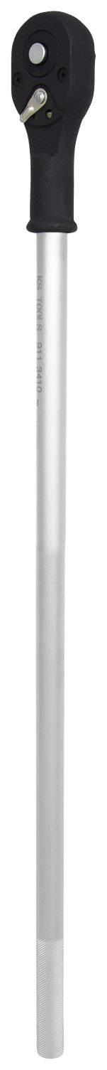 Ein silberner Drehmomentschlüssel mit schwarzem Griff, verwendet zum Anziehen von Schrauben und Muttern mit spezifischem Drehmoment.