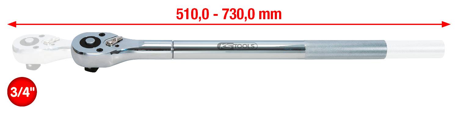 Drehmomentschlüssel mit verstellbarer Länge von 510 bis 730 mm, 3/4 Zoll Antrieb.