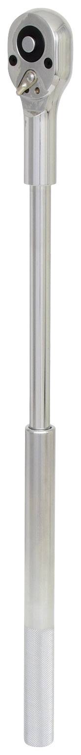 Ein silberglänzender Drehmomentschlüssel mit einer Ratsche am Kopfende. Design für präzises Anziehen von Schrauben.