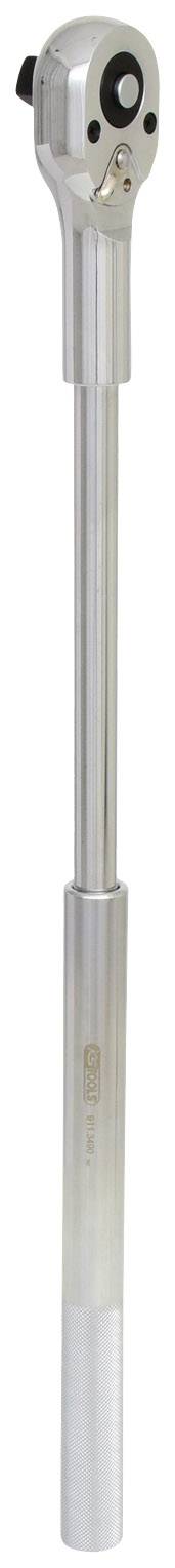 Ein silberner Drehmomentschlüssel mit einem langen Griff und einem Ratschenkopf, geeignet für präzise Anzugsmomente bei Schraubverbindungen.