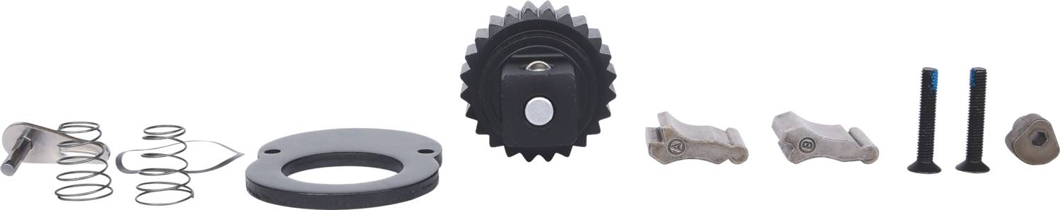 Werkzeugsatz bestehend aus Federn, Zahnrädern, Schrauben und Halterungen, wahrscheinlich für Maschinen- oder Fahrzeugwartung.