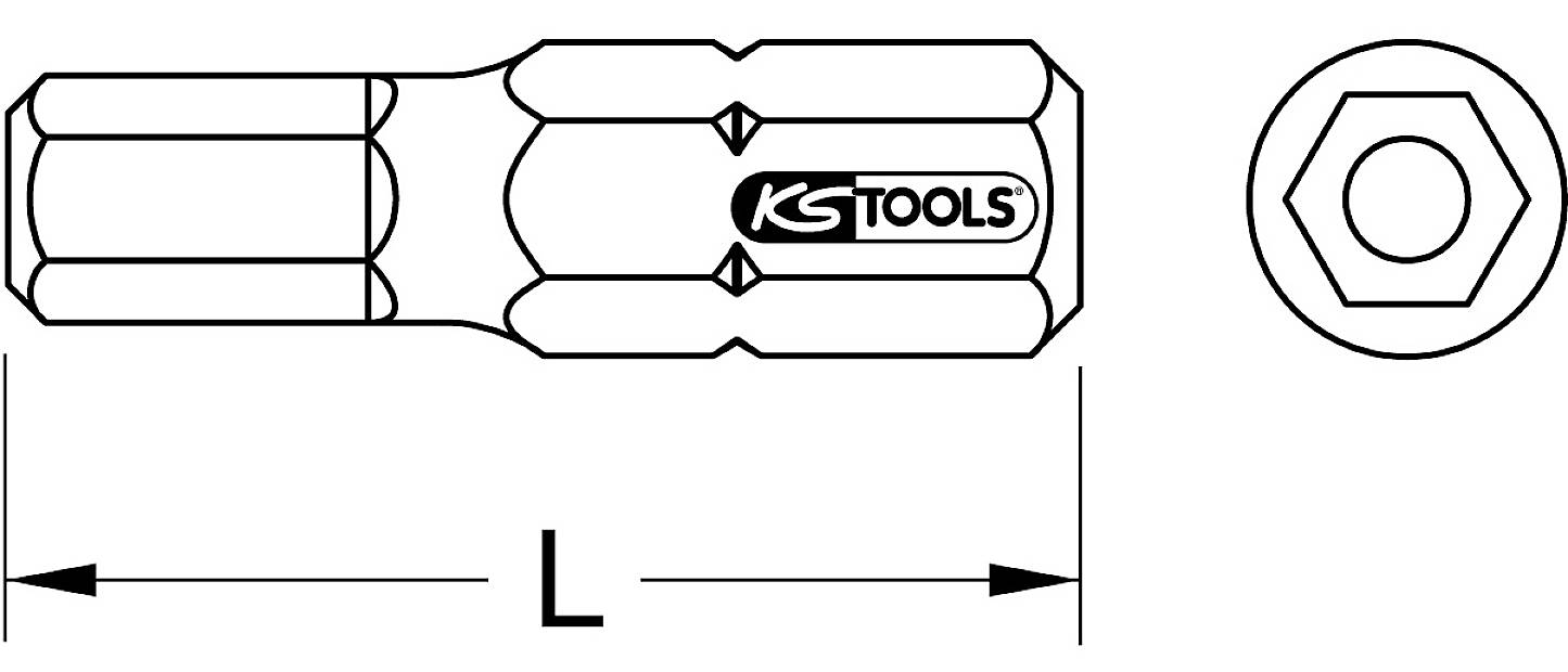 Technische Zeichnung eines Sechskant-Schraubendreherbits mit Längenmaß und seitlicher hexagonaler Sicht, markiert mit 'KS Tools'.