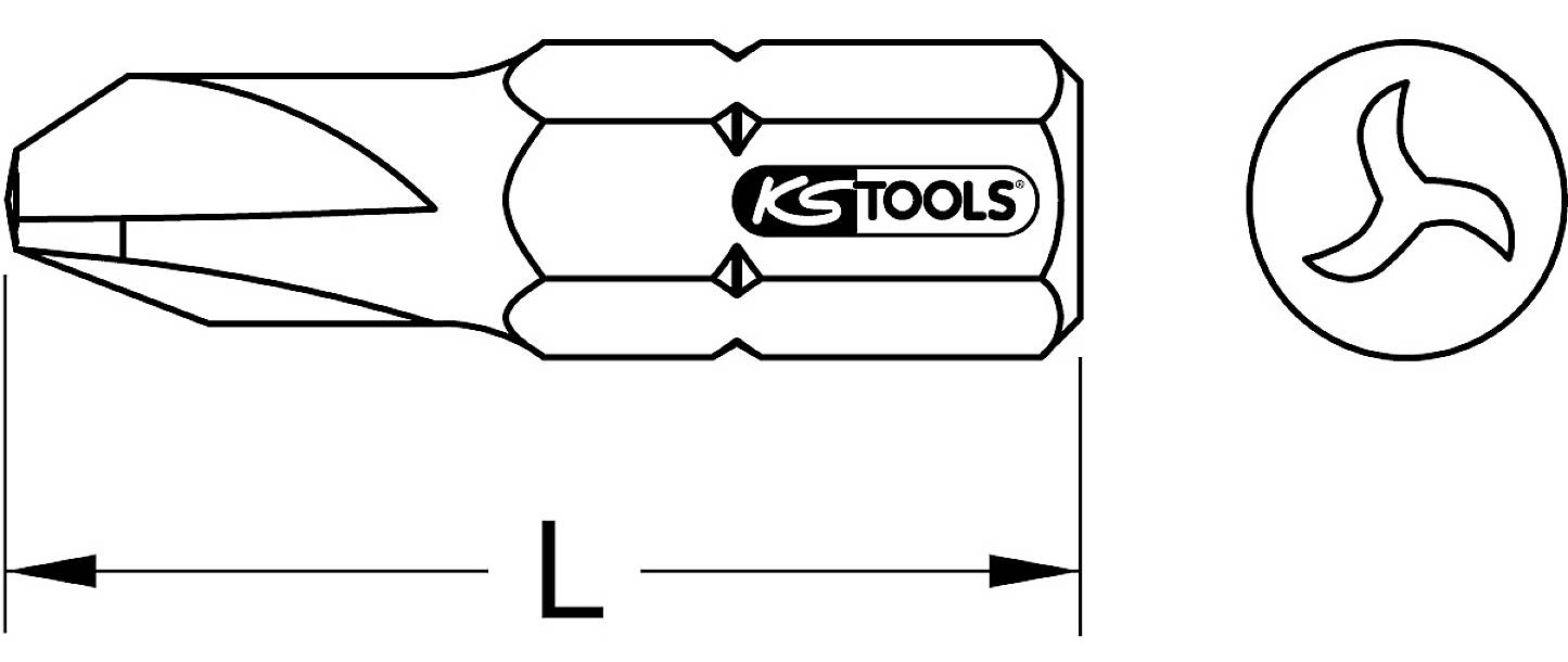 Abbildung eines Schraubendreherbits mit Markierung 'KS Tools'. Auf der rechten Seite ein Symbol für das kompatible Schraubenprofil.