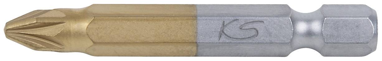 Ein zweifarbiger Schraubendreher-Bit mit einem goldenen und einem silbernen Teil; seitlich mit dem Logo 'KS' versehen.
