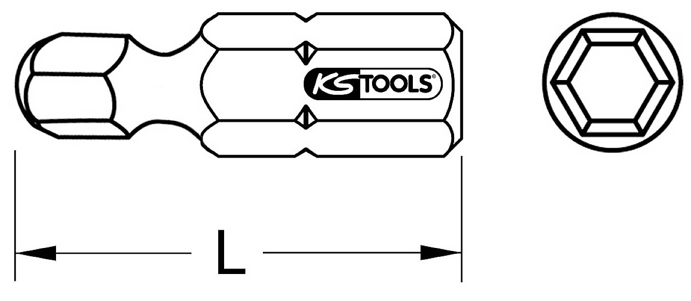 Technische Zeichnung eines Sechskant-Bits mit den Maßen L und Logo von KS Tools.
