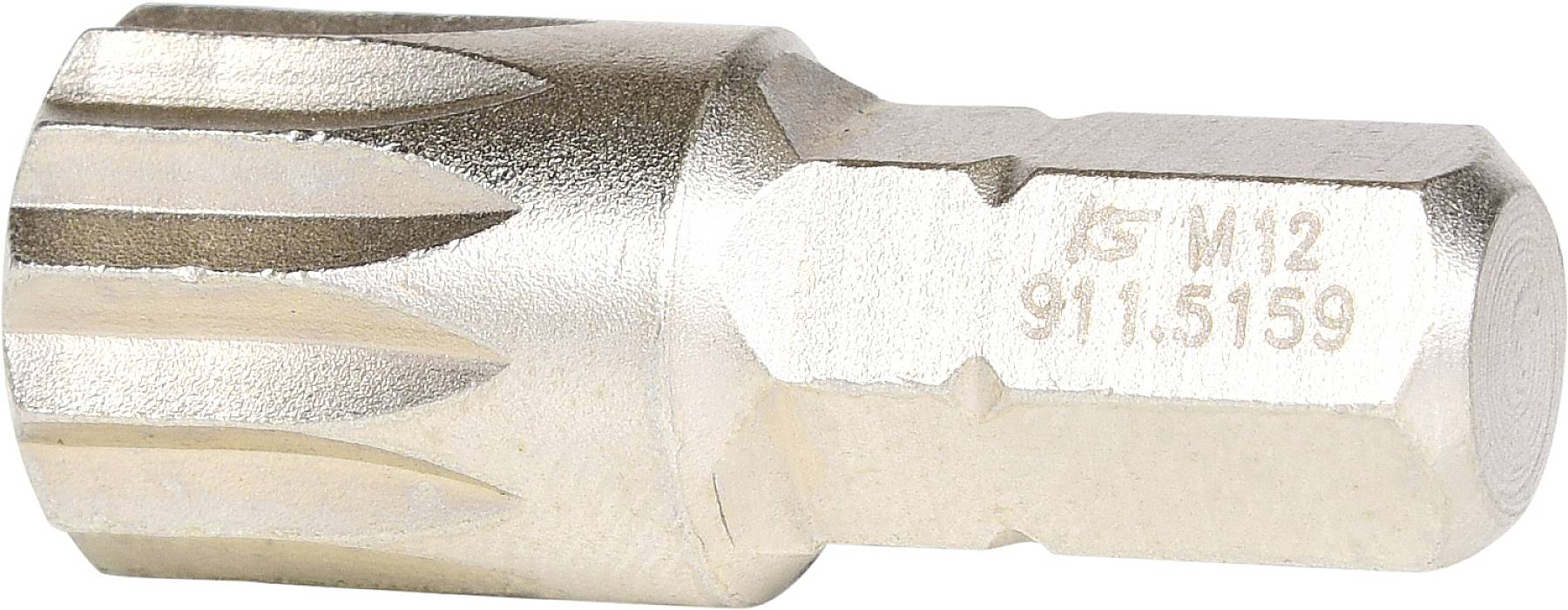 Ein silberner Schraubenkopf-Bit mit der Gravur 'M12 911.5159'. Der Bit hat eine geriffelte Oberfläche für den Einsatz mit Hand- oder Elektrowerkzeugen.