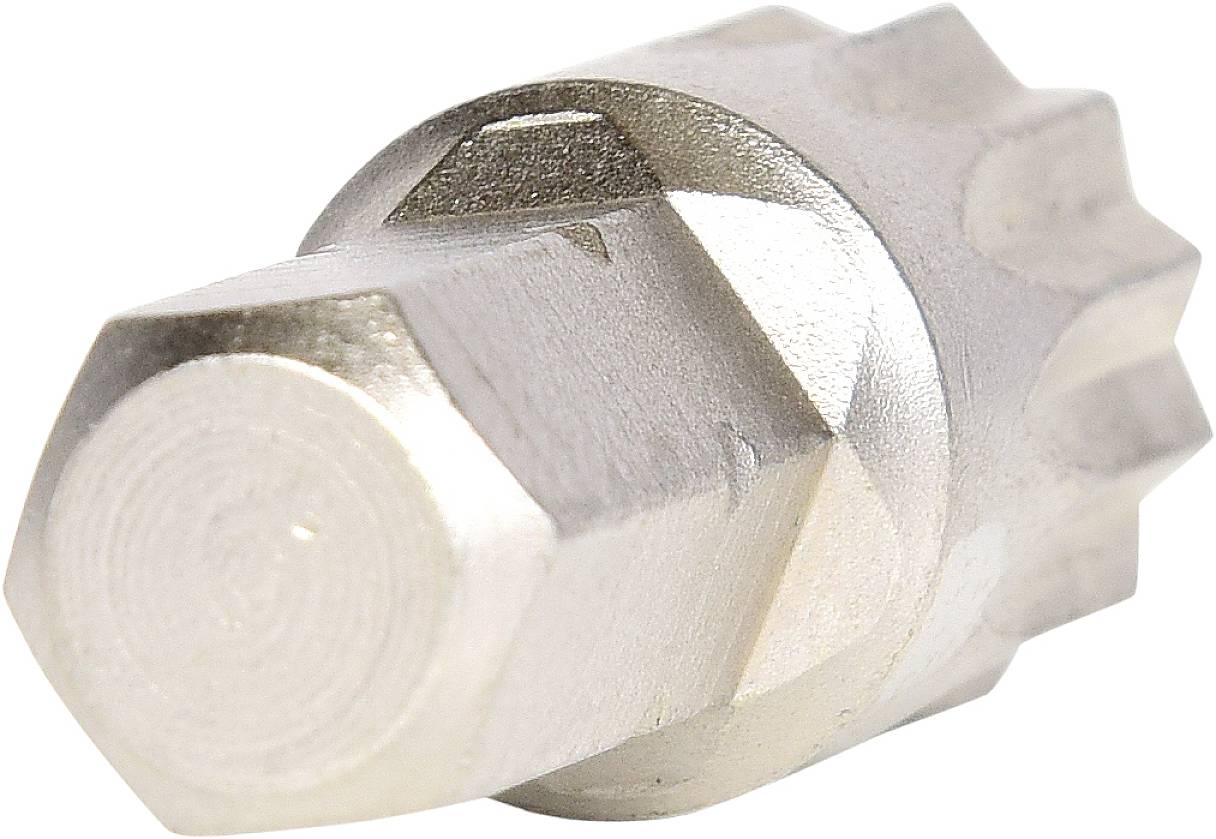 Sechskantbitsatzaufsatz aus Metall, silberfarben, mit zylindrischem Kopf und gezacktem Ende. Geeignet für Schraubarbeiten.