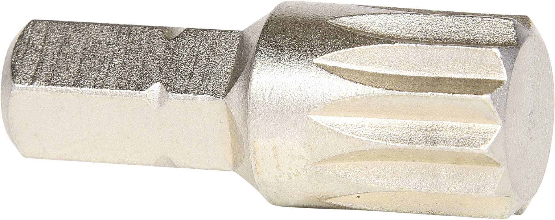 Metallischer Steckschlüssel mit geriffelter Oberfläche, Sechskantansatz und zylindrischem Kopf. Geeignet für Schraubanwendungen.