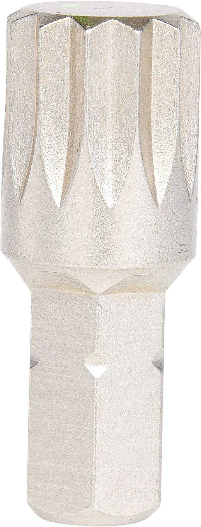 Metall-Schraubenkopf, sechskant mit Rillenmuster, silberfarben. Verwendet zum Anziehen oder Lösen von Schrauben in Bauprojekten.