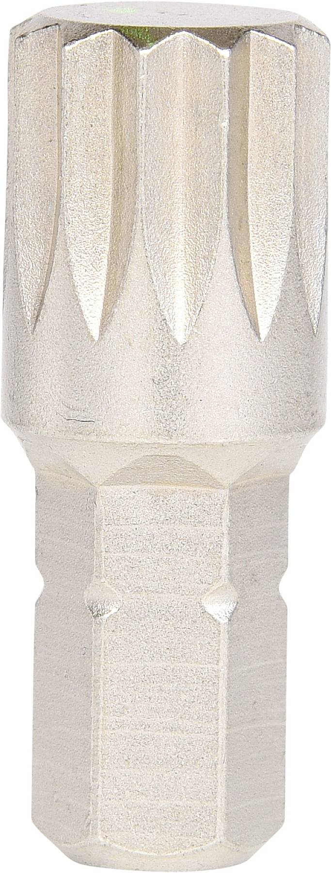 Sechskant-Bitadapter aus Metall mit gerillter Oberfläche. Geeignet zur Verwendung mit Bohrmaschinen oder Schraubendrehern.