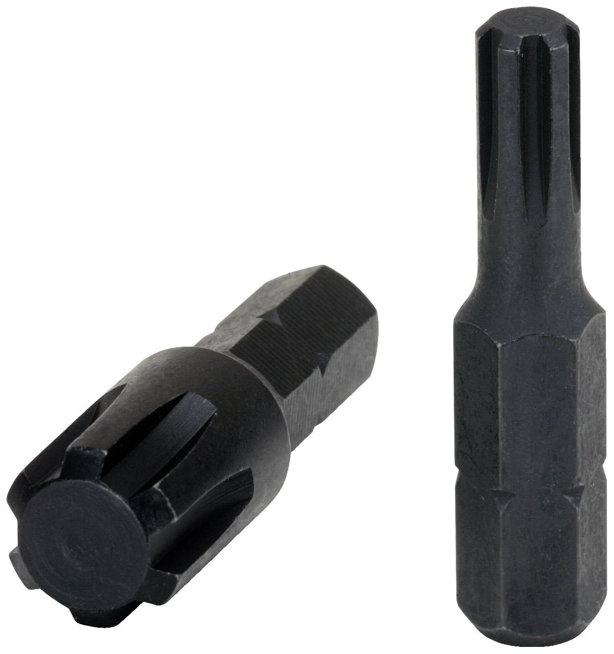 Zwei schwarze Sechskant-Bits, einer stehend und der andere liegend. Sie haben eine spezielle, sternförmige Aufnahme.