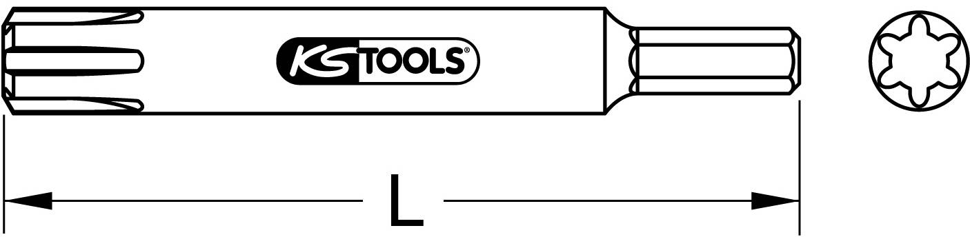 Zeichnung eines Special Torx® Bit mit Maß L und Logo von KS Tools, mit Ansicht des Bits von vorne, zeigt spezifische Form der Spitze.