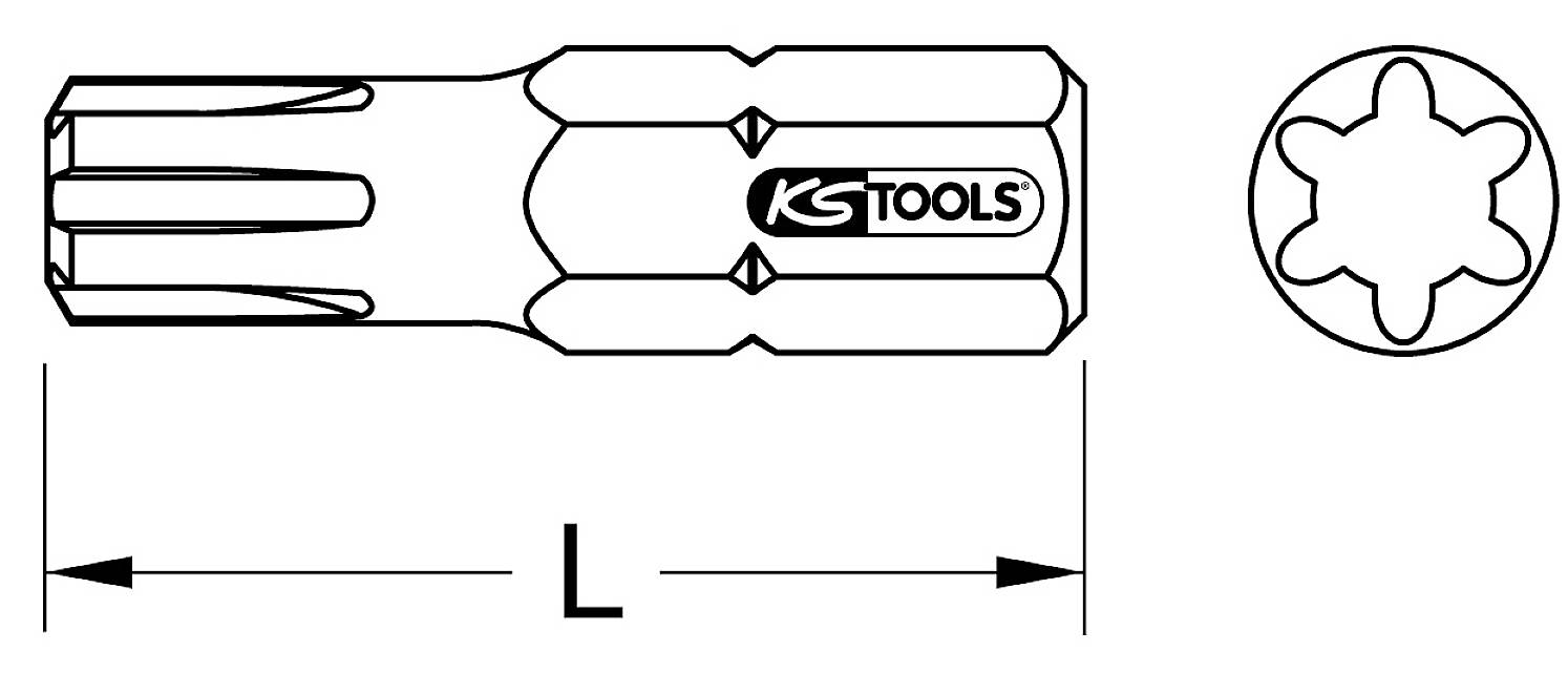 Ein Sechskant-Schraubendreher von KS Tools mit Torx-Profil. Rechts ist das Torx-Profil schematisch dargestellt. Links ist die Länge mit 'L' angegeben.