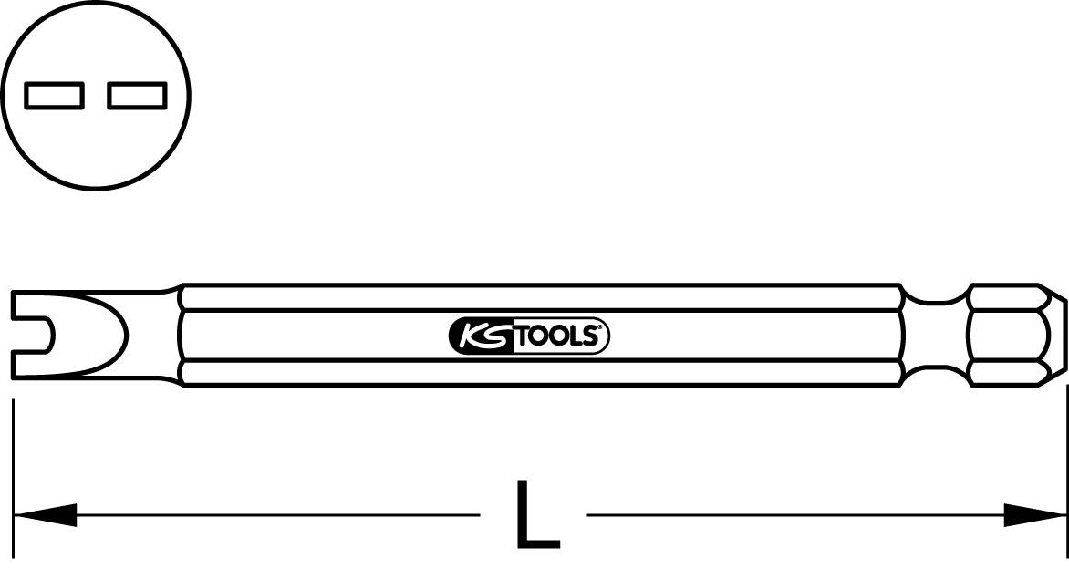 'KS Tools' Steckschlüssel, doppelseitig, mit Maßen; eine Seite geschlitzt, andere mit sechskantiger Aufnahme, Länge L angezeigt.