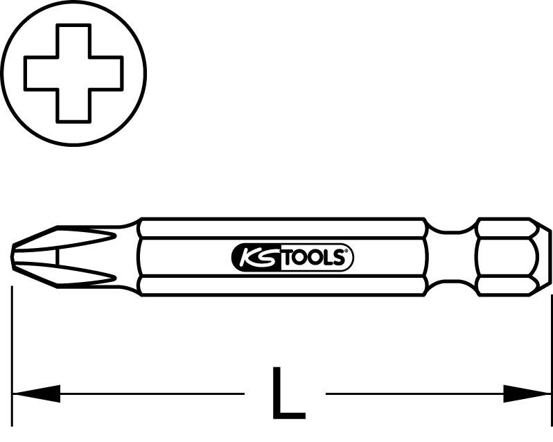 'KS Tools' Kreuzschlitz-Bit. Oben Symbol für Kreuzschlitz-Schraubendreher. Produktname in der Mitte. Pfeile zeigen Länge an.