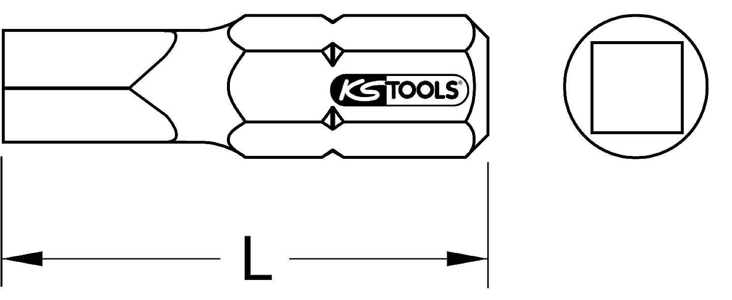 Diagramm eines Schraubenbits von KS Tools mit Längenangabe 'L' und Seitenansicht des quadratischen Profils.