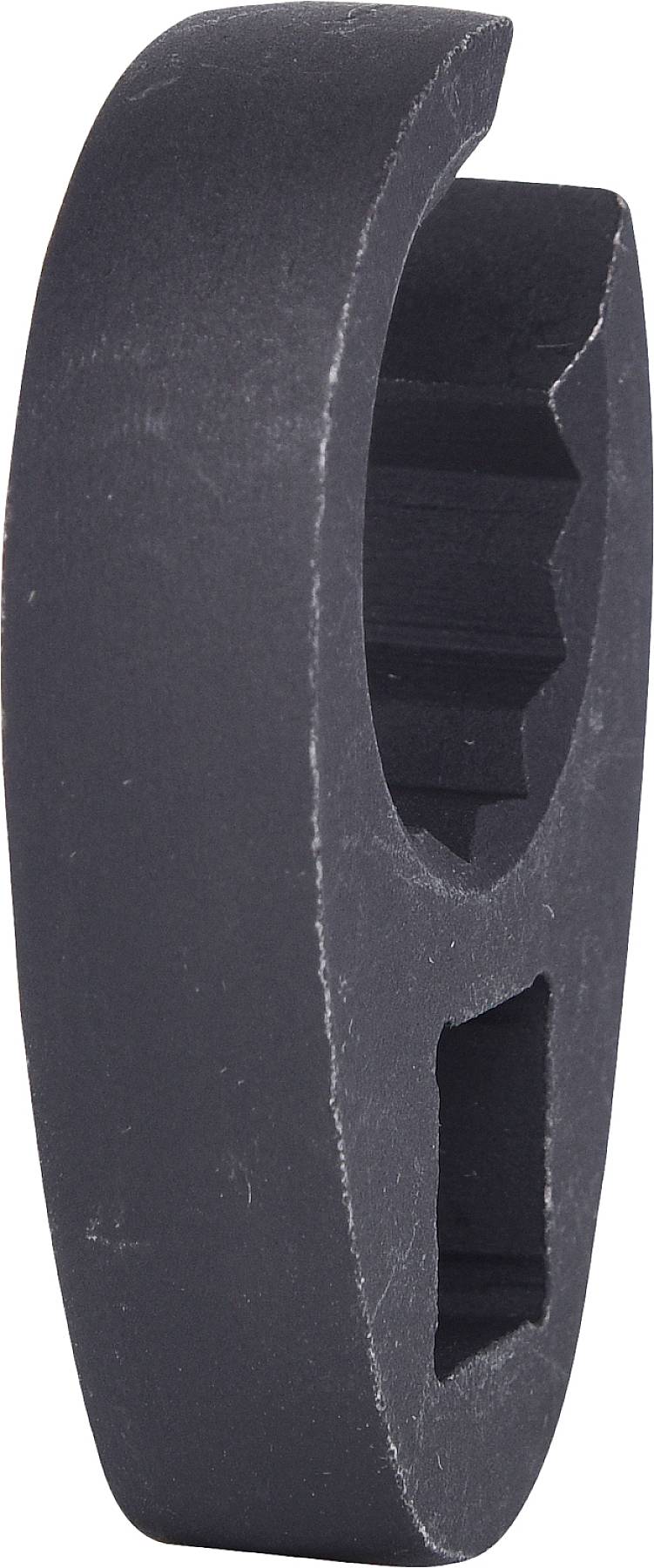 Schwarzes, ovales Metallteil mit Zahnung auf einer Seite, öffnung auf der anderen Seite; möglicherweise ein Mechanik- oder Maschinenelement.