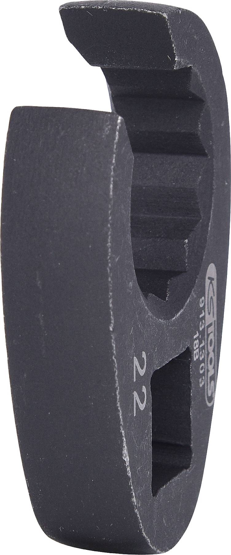 Abgewinkelte schwarze Ringschlüsselkopf mit gezahntem Innenring. Geeignet für Werkzeugeinsatz in schwer zugänglichen Bereichen.