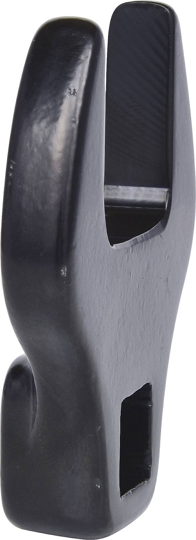 Schwarzer, zweizinkiger Plastikgegenstand, möglicherweise ein Halter oder Aufhänger, mit abgerundeten Kanten und einer Öffnung unten.