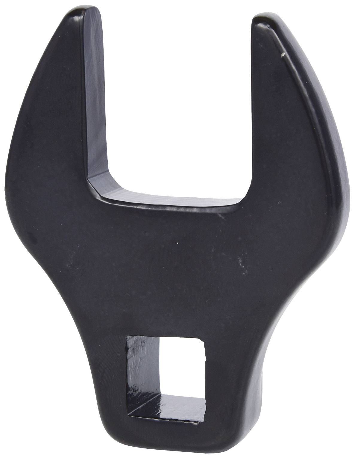 Ein schwarzer, offener Gabelschlüssel mit rechteckiger Öffnung im unteren Teil, verwendet, um Muttern und Schrauben anzuziehen.