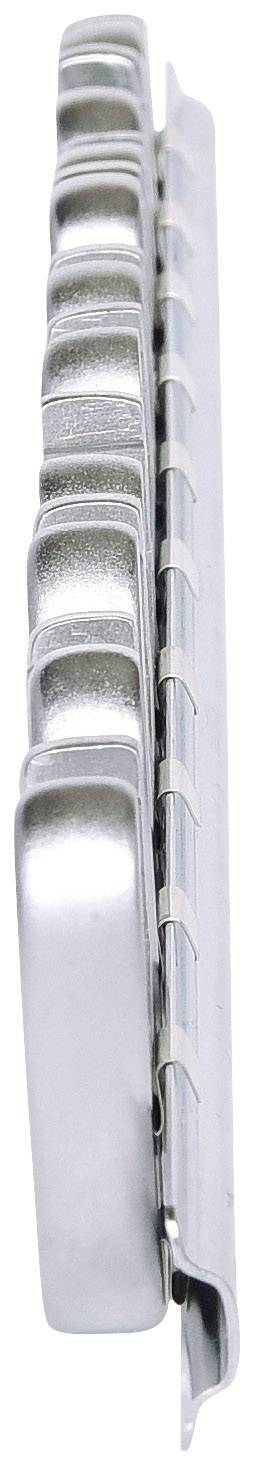 Seitliche Ansicht einer Mundharmonika mit metallischer Oberfläche, zeigt Details der Lamellen und des Kammergehäuses.