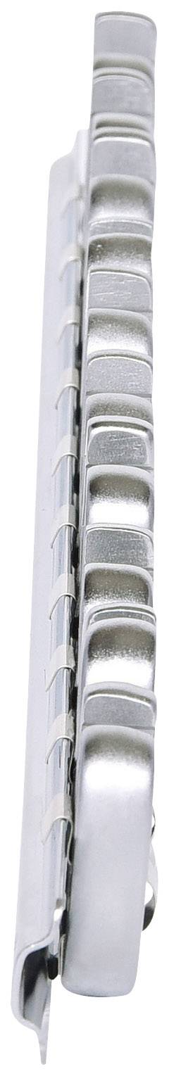 Silberne Mundharmonika, seitlich fotografiert, zeigt die glänzend polierten Metallabdeckungen und die Luftkanäle der Instrumentenoberseite.