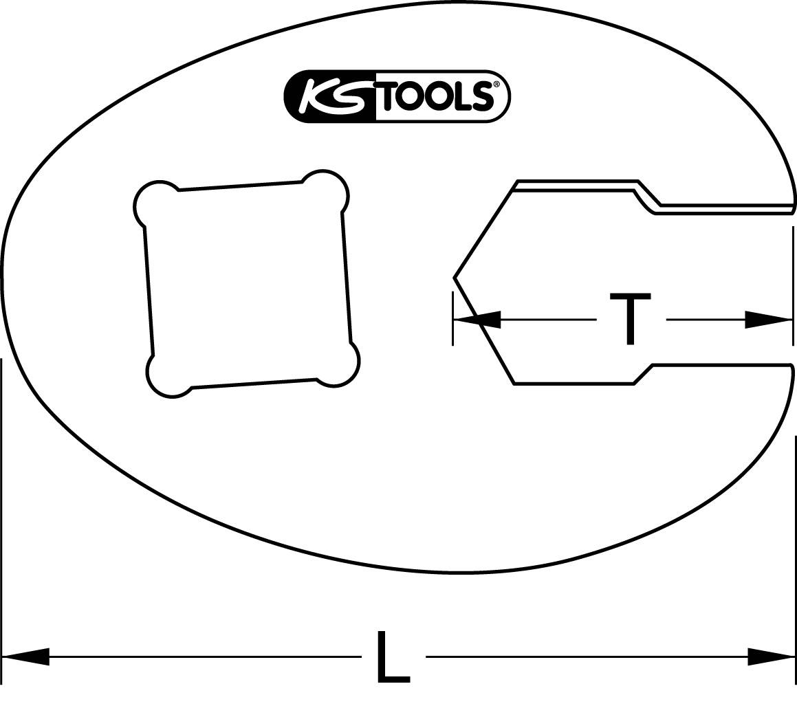 Ein schematisches Diagramm zeigt einen speziellen Maulschlüssel von KS Tools. Er hat eine quadratische Aussparung und eine 'L'-förmige Klinge. Maße T und L sind angegeben.