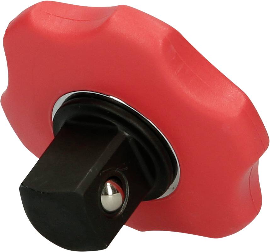 Ein roter Drehknopf aus Kunststoff mit einem schwarzen Einsatz, wahrscheinlich ein Griff für eine Befestigung oder ein mechanisches Gerät.