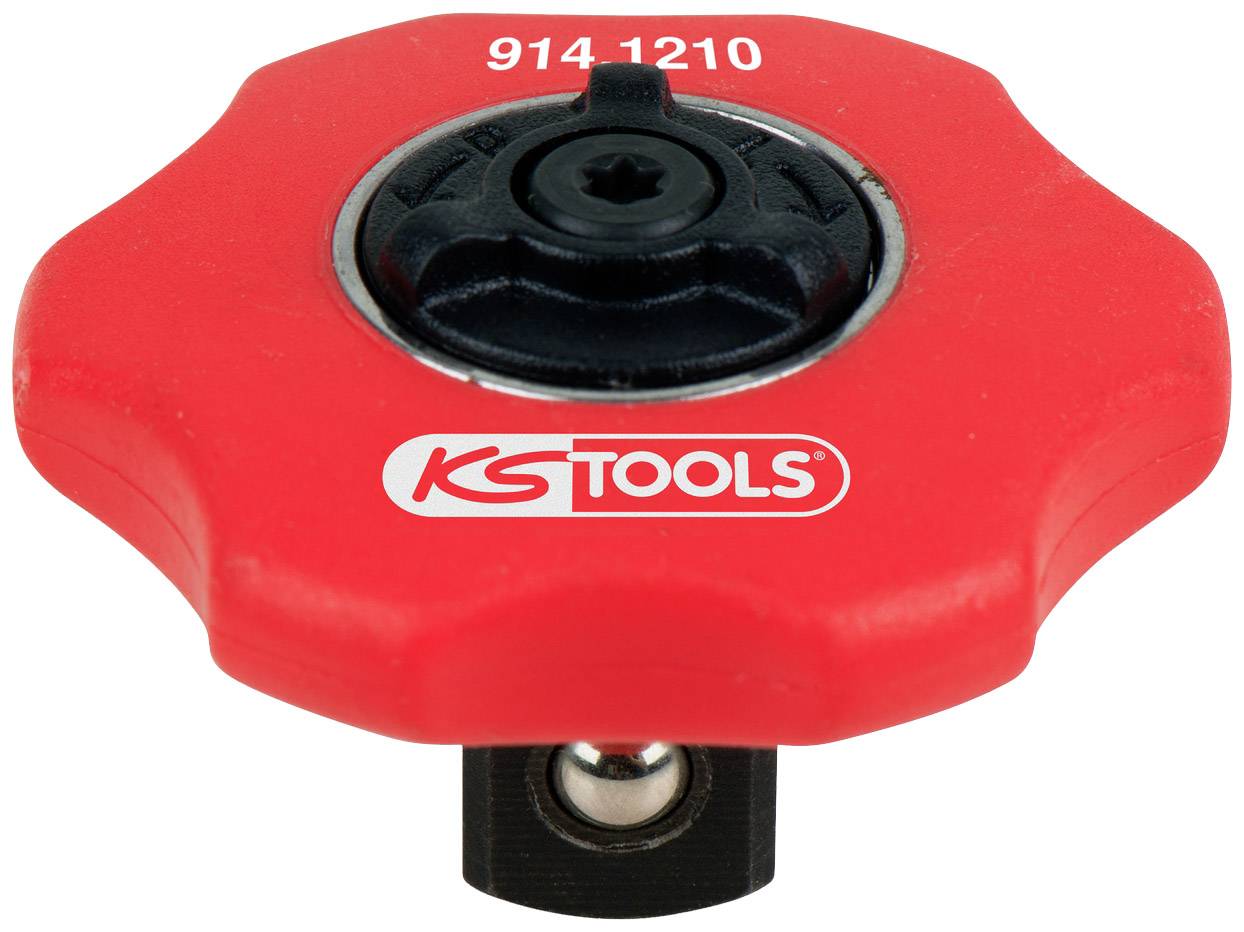 Roter Drehknopf mit der Aufschrift 'KS TOOLS' in Weiß und der Nummer '914.1210' darauf. Werkzeuggriff möglicherweise für Schraubendreher.