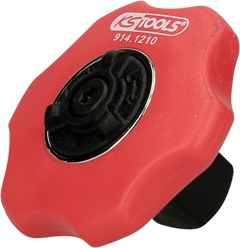 Roter Griff mit schwarzer Schraube im Zentrum, Produktnummer '914.1210', Marke 'KS Tools', verwendet zum Befestigen oder Verstellen.