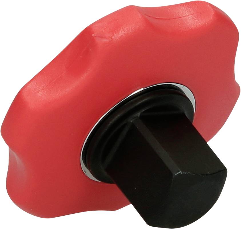 Roter Kunststoff-Drehknopf mit schwarzem Sechskant-Ansatz zur Einstellung oder Befestigung bei Maschinen oder Möbeln.