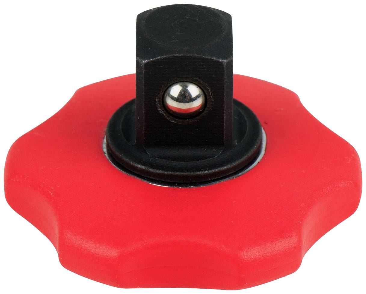 Roter Drehgriff mit schwarzem Gelenk. Wird zur Handhabung oder Einstellung von Maschinen oder Geräten verwendet.