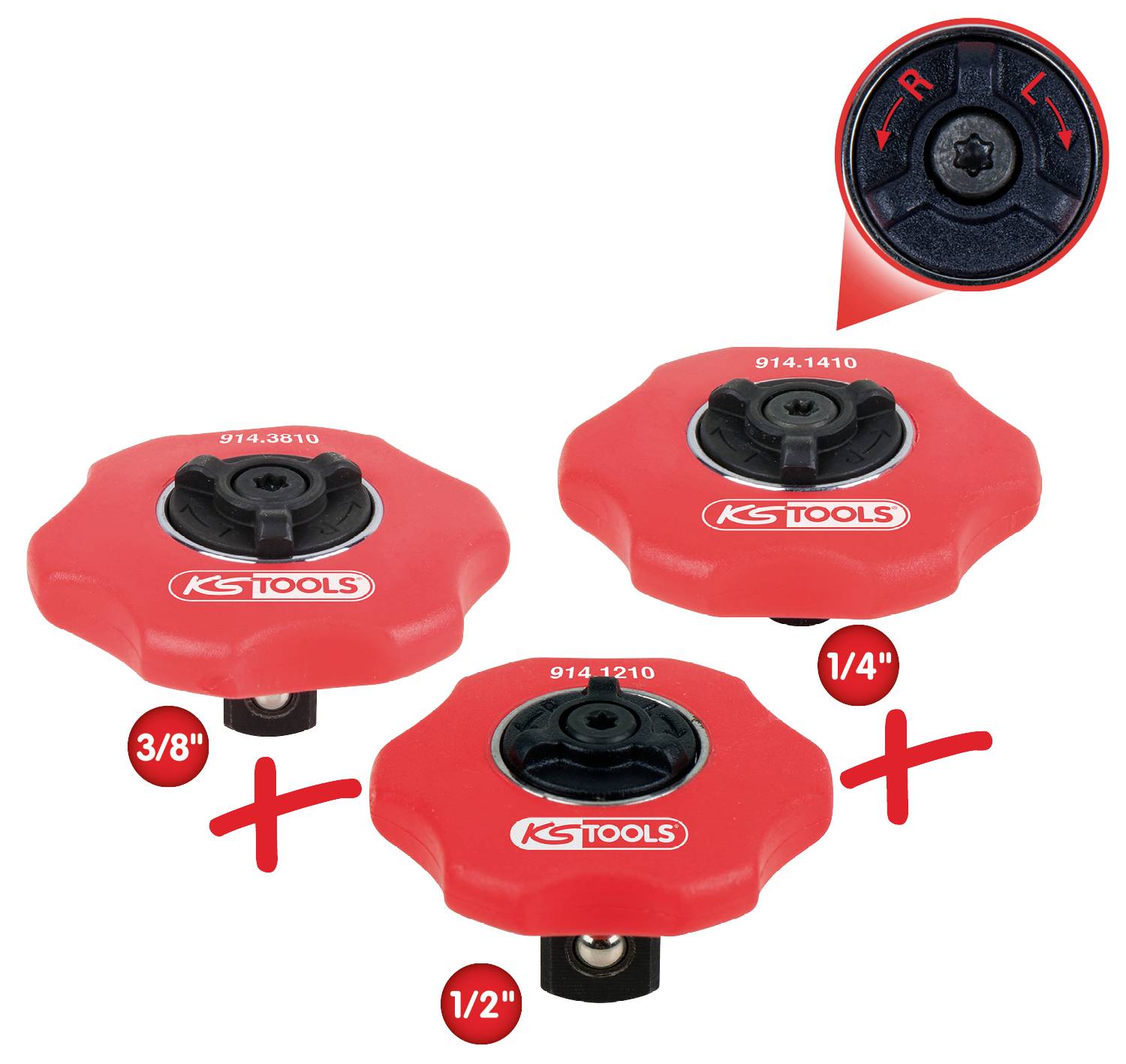 Drei rote Steckschlüsselaufsätze von KStools in verschiedenen Größen: 3/8